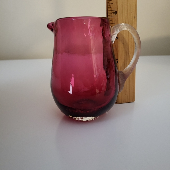 Vintage Small Cranberry Optic Blown Glass Pitcher with Applied Clear Handle - Picture 12 of 15